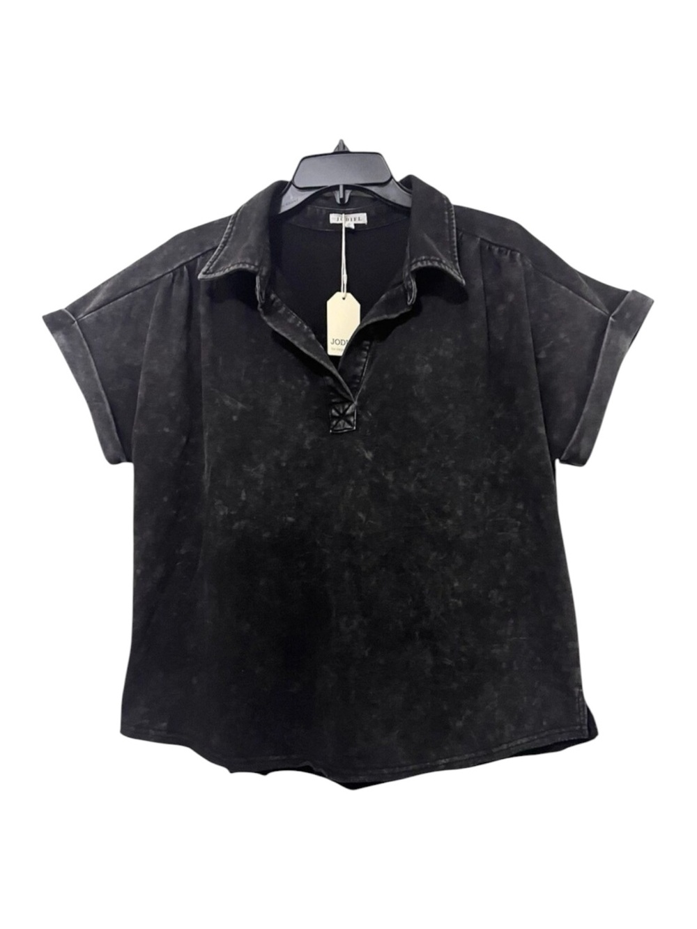 JODIFL Black Mineral Wash V-Neck Top Relaxed Rolled Cuff Boxy Boho Women's M NWT